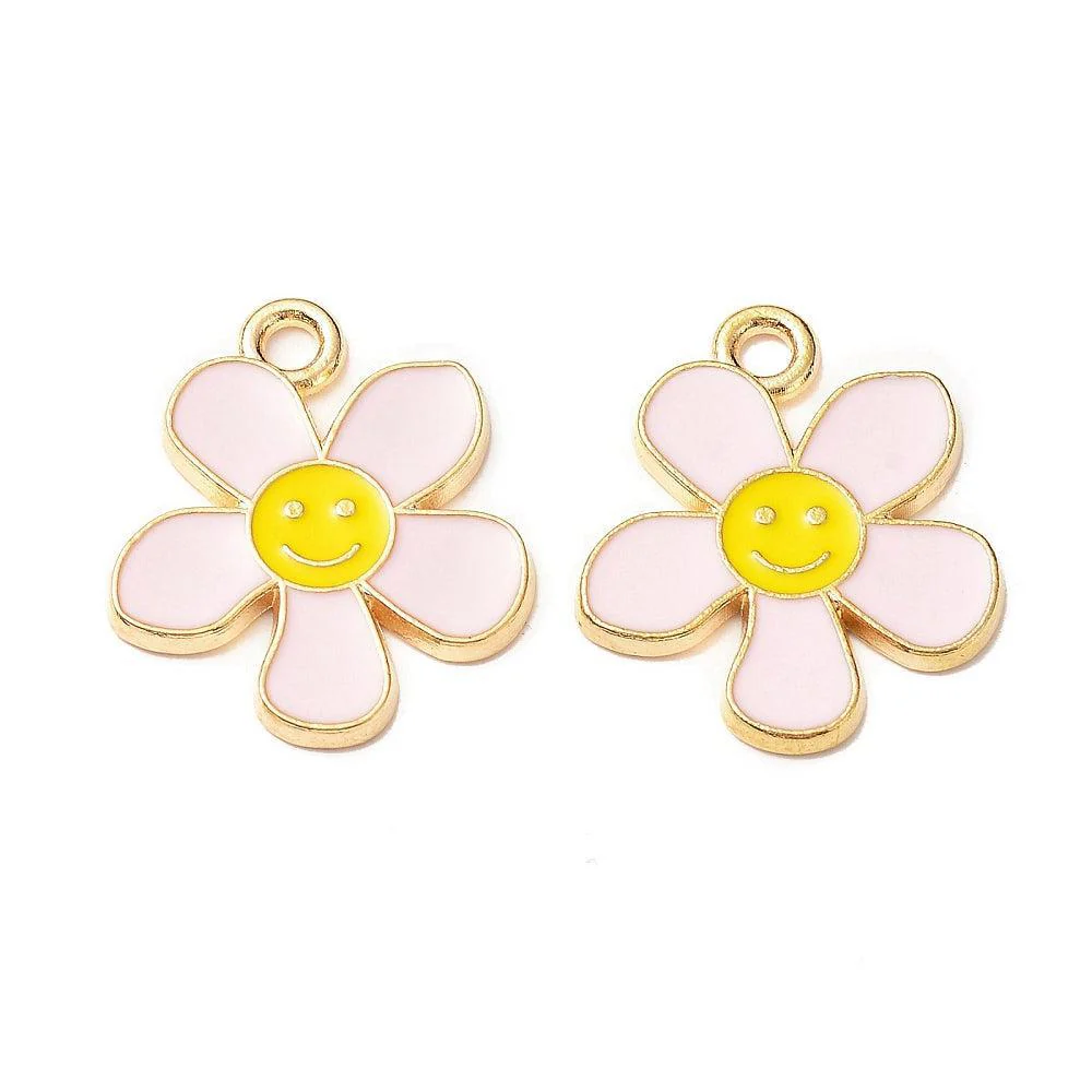 Bedel emaille bloem smiley roze goud 21mm- per stuk